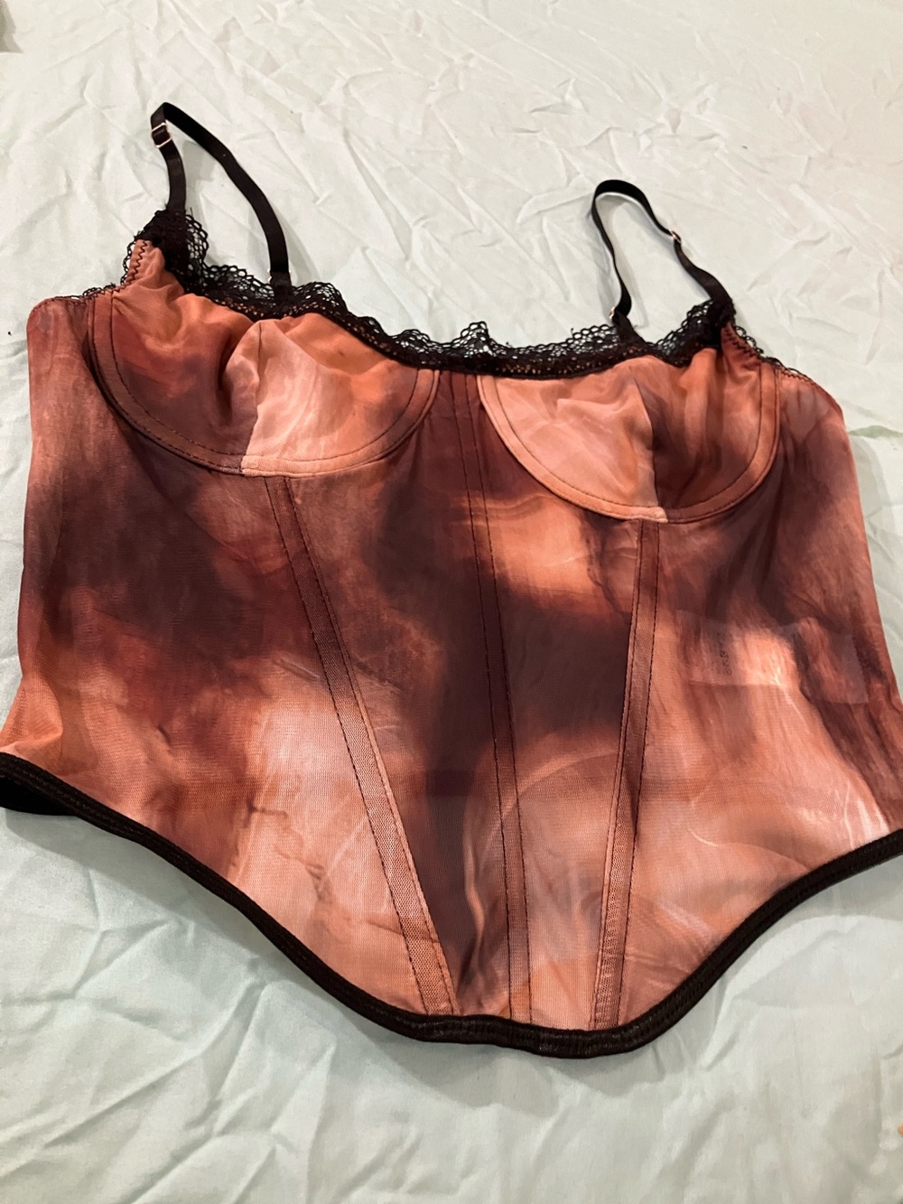 SHEIN Rust Tie-Dye Lace Trim Crop Bustier Top